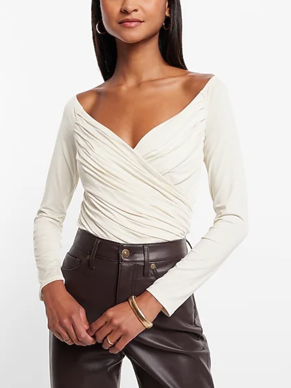 Express Cream Wrap-Style Long Sleeve Top